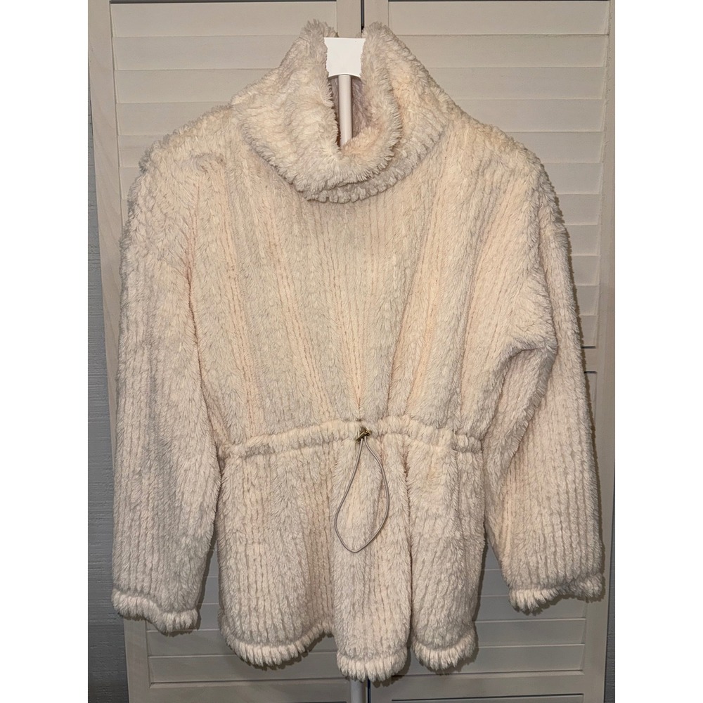 Cupio Blush Pullover Womens Cream Faux Fur Cowl Neck Drawstring Waist Small